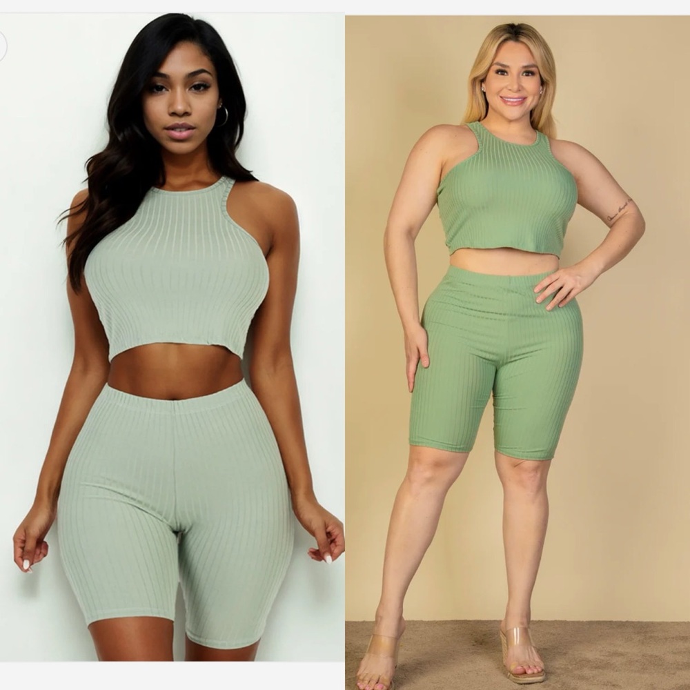 Sage Green Ribbed Crop Top and Shorts Set